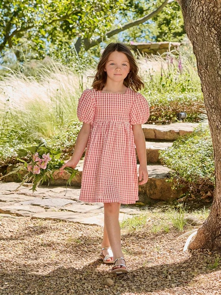 Robe fille Vichy noeuds dos corail - Vertbaudet