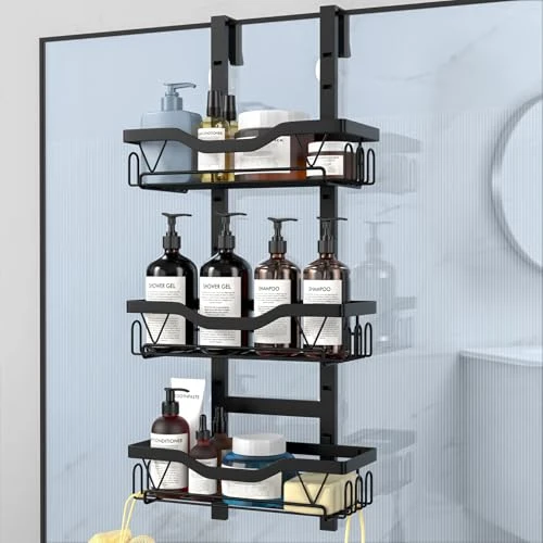 UUlioyer Etagere Douche à Suspendre, Rangement Douche sans Percage Aver 3 PCS Réglable Panier à Suspendre pour Le Gel et Le Shampooing (Noir - 3 Couches)