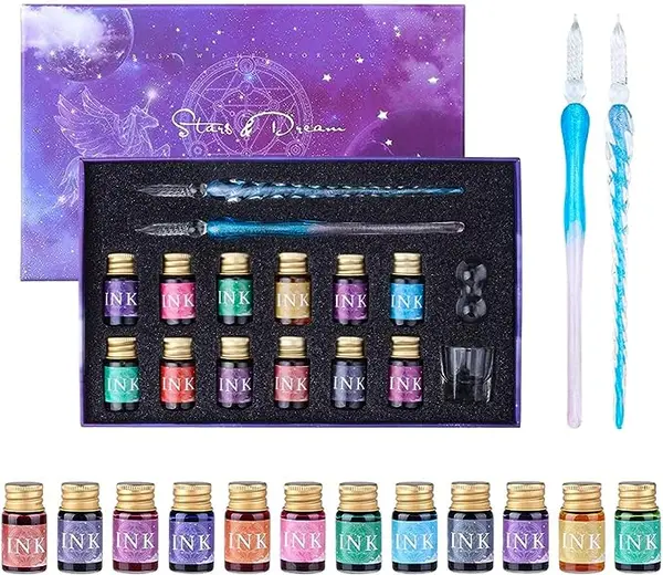 Ensemble stylo à encre et stylo à encre en verre avec 2 stylos de calligraphie en cristal et 12 encres dorées, porte-stylo et tasse de nettoyage, stylo à trempette en verre pour débutants Coffret