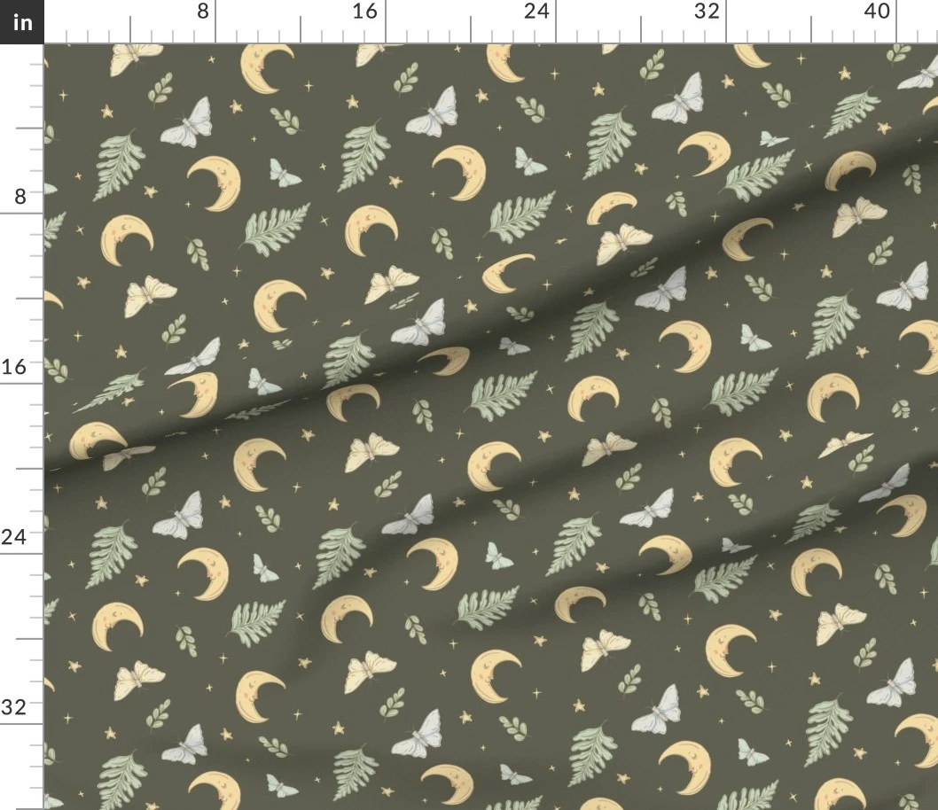 Fabric in Moth Moon and Fern Leaves Magical Nature