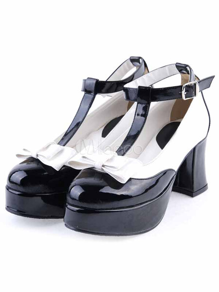  Lolitashow Chaussures de lolita noires à bout pointu avec nœud 