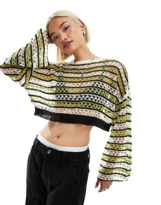 Noisy May - Pull court en maille ajourée à manches larges - Crème/vert