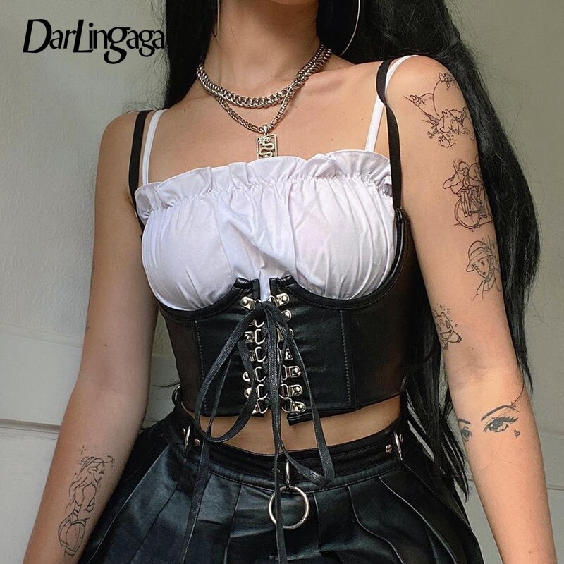 Darlingaga – Streetwear gothique en cuir PU foncé pour femmes, crochet de Style Punk, à porter