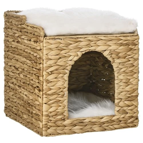 PawHut Maison à Chat Niche pour Chat à 2 Niveaux avec 2 Coussins en Jacinthe d'eau - 37,5 x 37,5 x 41,5 cm Marron, crème