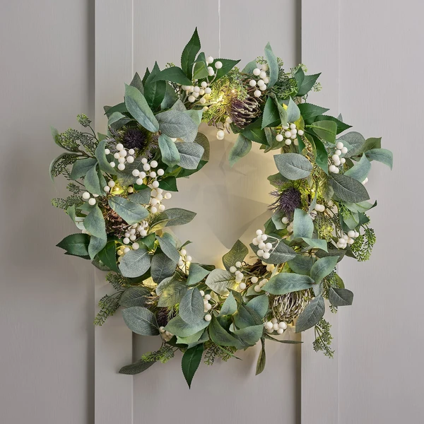 Couronne de Noël Pré-éclairée à Baies Blanches de 60 cm