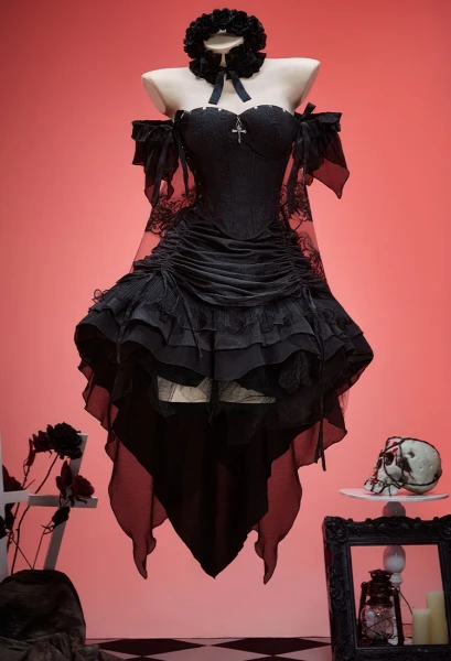 Death Book MisaMisa Derivative Medieval Gothic Bridal Set with Off-the-shoulder Tunic Top and Multi-layered Skirt with Veil and Headband