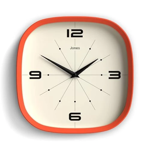 JONES CLOCKS® Pulsar Horloge Murale | Horloge rétro carrée Arrondie | 25cm | L’Orange | Look Design Cool pour la Cuisine, Le Salon ou Le Bureau