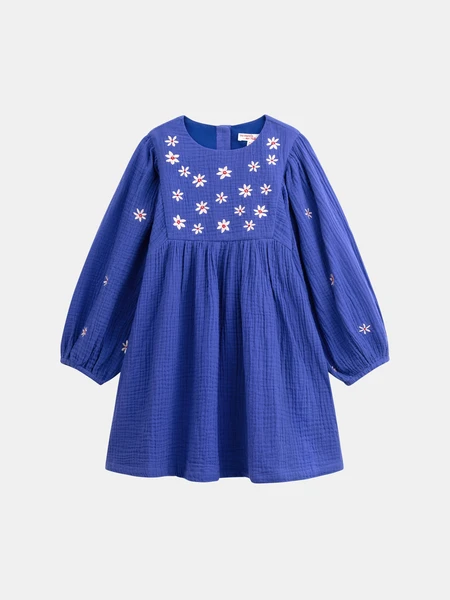 Robe bleu broderies fleurs pour fille