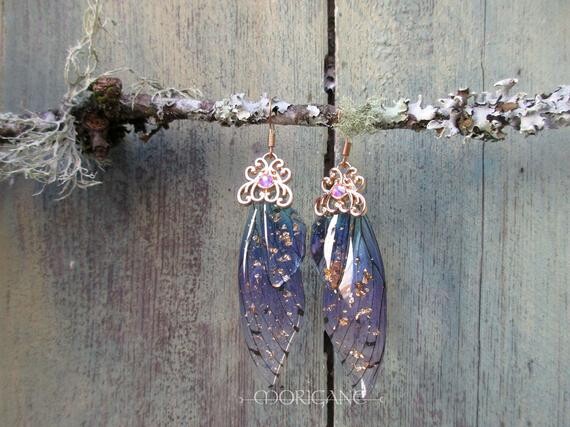 fairy wing earrings, fancy nymph, resin, rhinestones connector gold metal