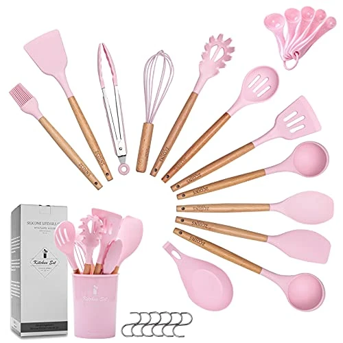 ZCOINS Ensemble d'ustensiles de cuisine en silicone 18 + 1 pièces avec poignées en bois et support (rose)