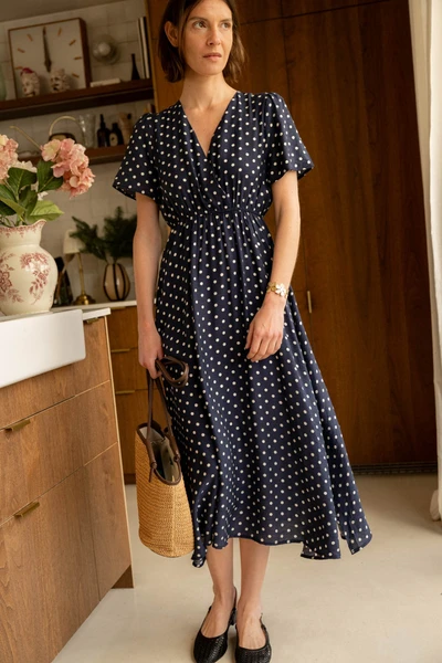 Robe Longue Bleu Marine À Pois Écrus Et Manches Courtes - Marine - Boutique Libertie