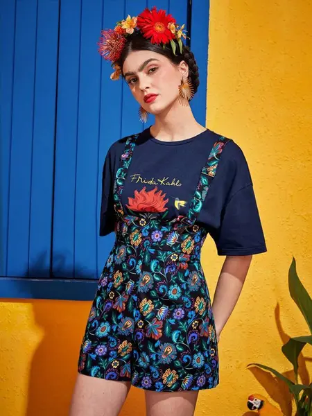 Frida Kahlo X SHEIN X Designer Allover Floral Print Overall Romper Without Tee