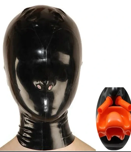 Cagoule en latex avec dents rouges, bâillon et tubes nasaux, fermeture éclair dans le dos, masque fétichiste en latex, visage complet