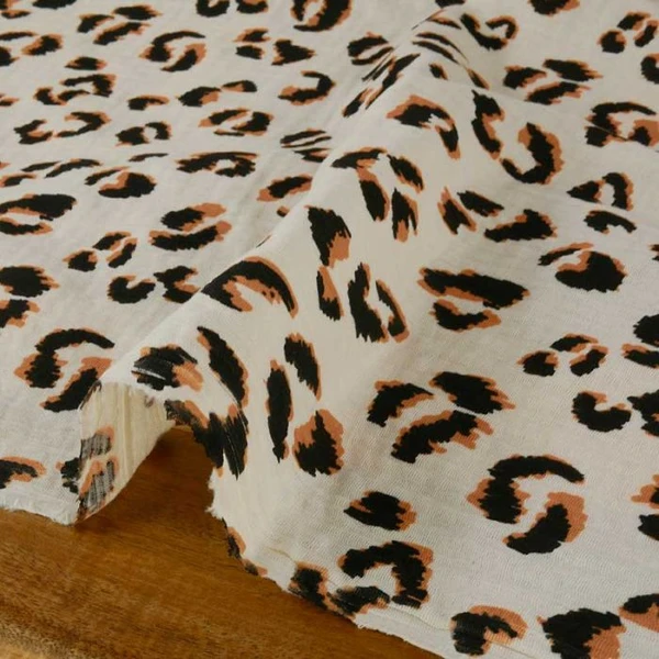 Tissu Double Gaze à Motifs Léopard - Écru