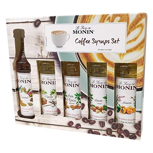 MONIN - Coffret 5*5 cl pour Boissons Chaudes - Caramel, Amaretto, Noisette Grillée, Pain d'Épices et Vanille - 5x5cl