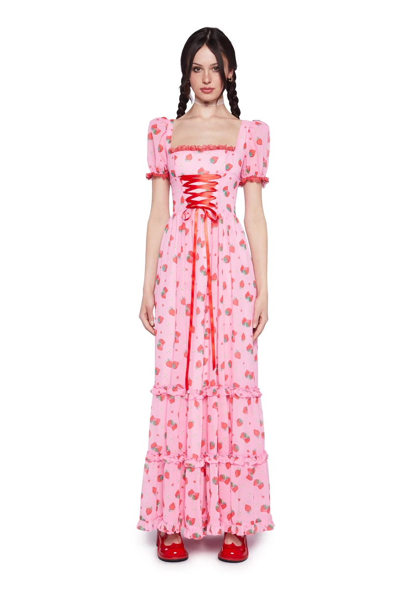 Dolls Kill x Strawberry Shortcake Strawberry Floral Print Maxi Dress With Shirred Back And Ribbon Ties - Pink
