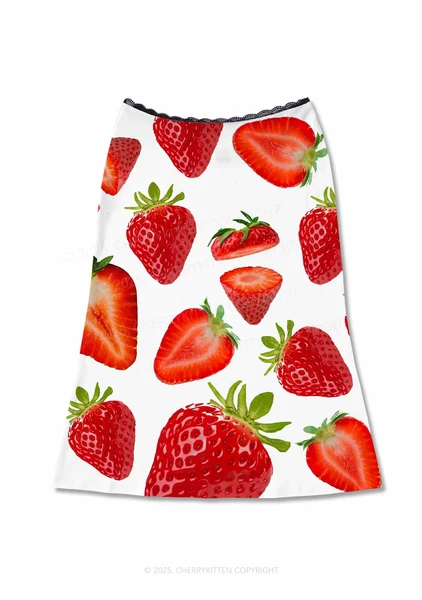 White Strawberry Y2K Print Midi Skirt Cherrykitten