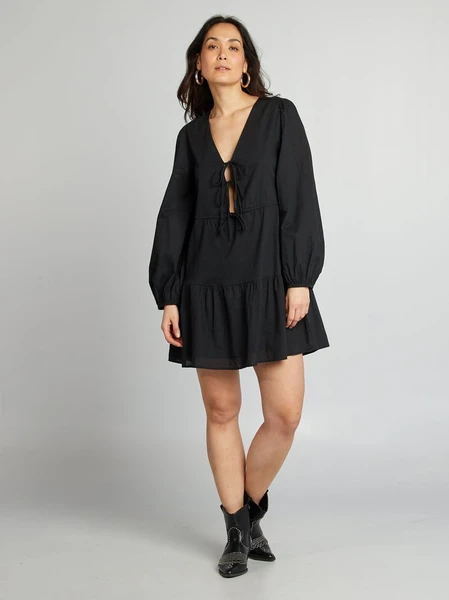 Robe à nouettes en popeline avec col en V