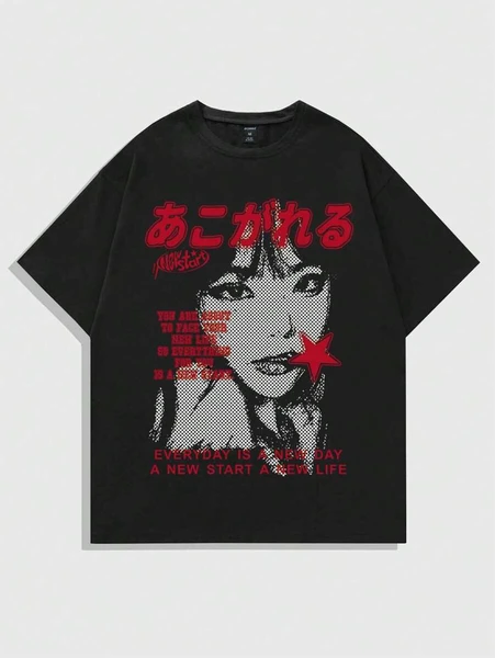ROMWE MEN Anime T-shirt à manches courtes pour hommes avec slogan/impression de personnage dans le style Y2K pour l'été, l'école, l'emo, le style des années 2000 | Mode en ligne | SHEIN FRANCE