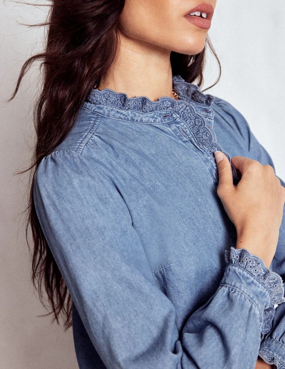 Top Helena en jean à col volanté-Authentique clair