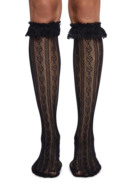 Heart Detailed Fishnet Knee High Socks - Black