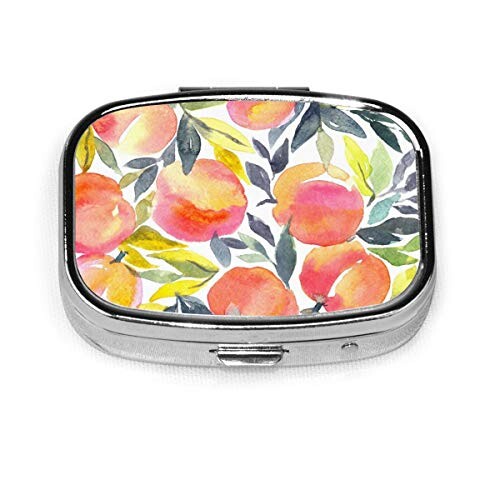 ✨Stylish Fruit Peaches Silver Square Pill Box Medicine Tablet Holder Wallet Organizer Case For Pocket Or Purse Vitamin Organizer Holder Decorative Box