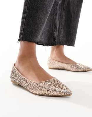 ASOS DESIGN - Lucky - Ballerines plates à bout pointu - Or rose pailleté 