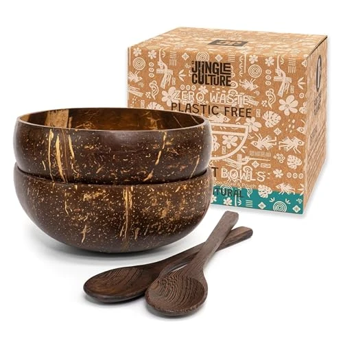 Jungle Culture® Bols Noix de Coco et Cuillères en Bois • Lot de 2 Bols Sculptés avec Pailles en Bambou + eBook Recettes • Bol pour Céréales, Smoothie, Poke Bowl, Buddha Bowl • Cadeau Naturelle