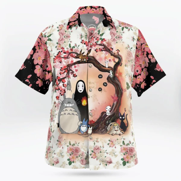 Anime Studio Ghibli Sakura Pink Hawaiian Shirt Totoro, No Face, Jiji, Soot