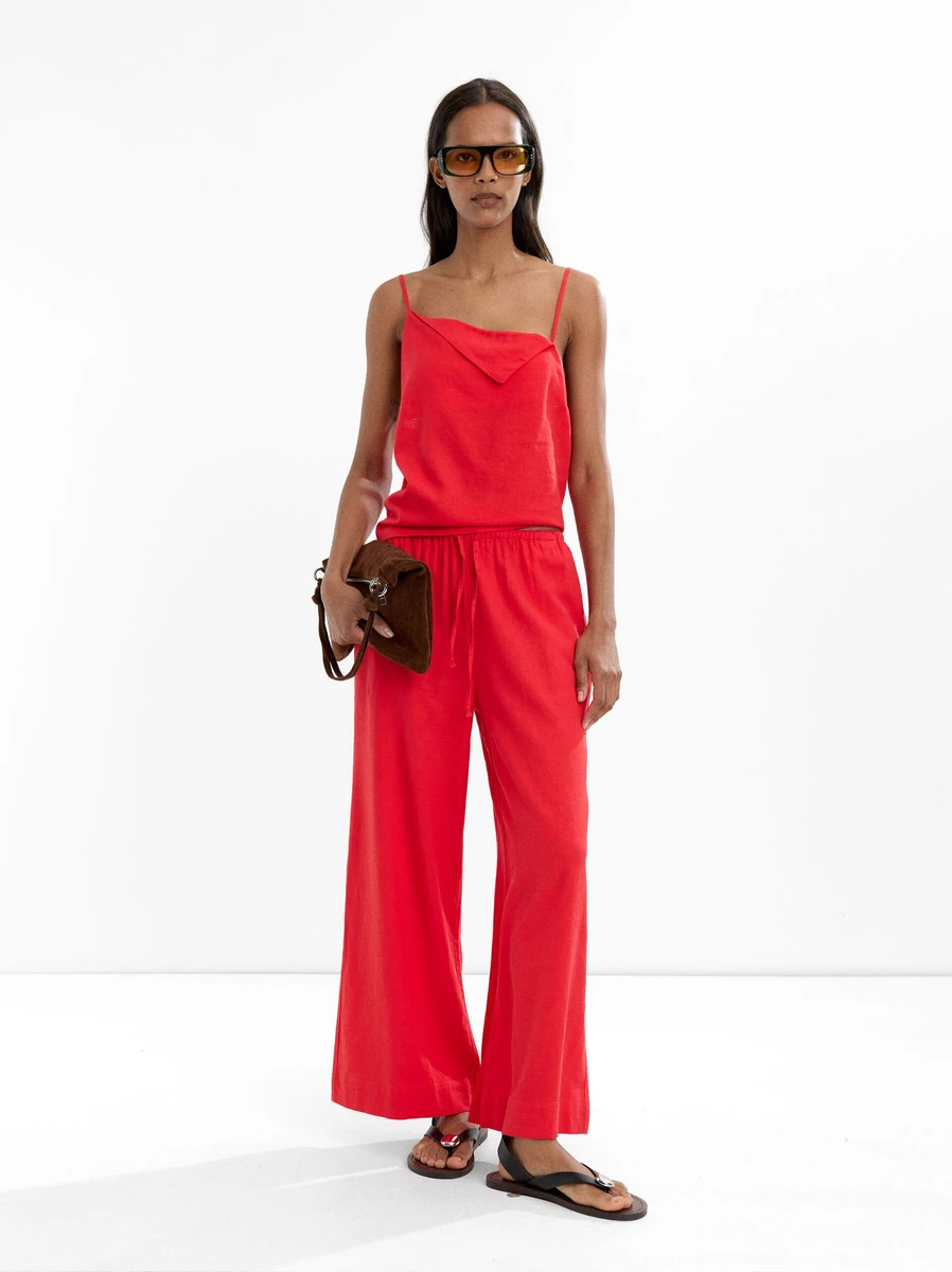 Pantalon en mélange de lin à taille élastique Rouge | Parfois