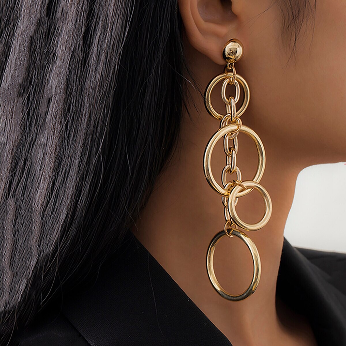 SHIXIN Boucles d'Oreilles Longues de Style Punk, Bijoux avec Grand Cercle et Chaîne à Maillons, Accessoire Hip Hop à la Mode, Collection 2021, Idéal pour Cadeau