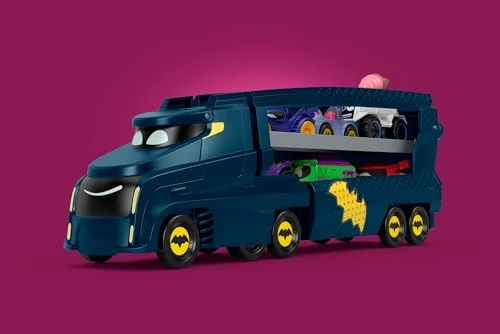 Fisher-Price Camion Transporteur Bat-Camion Batwheels DC À Pousser, avec Rampe Et Remorque pour 7 Véhicules, Échelle 1/55, À Collectionner, Jouet Enfant, A Partir De 3 Ans, HMX07