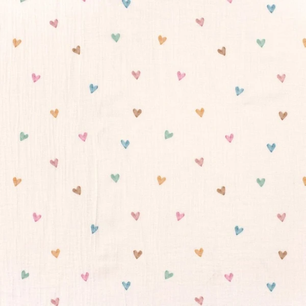 Tissu double gaze de coton Cœurs multicolores Impression numérique – blanc - Idéal pour Vêtements bébé