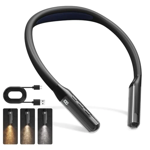 LQWELL Lampe de lecture LED pour le cou, 3 couleurs et 3 niveaux de luminosité réglables, pliable, portable, ergonomique et rechargeable pour les lecteurs, le crochet, la couture
