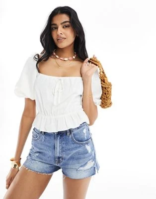 ASOS DESIGN - Blouse effet lin avec manches bouffantes - Blanc | ASOS
