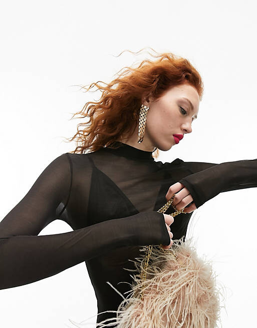 Topshop - Top en tulle uni à col montant et manches longues - Noir