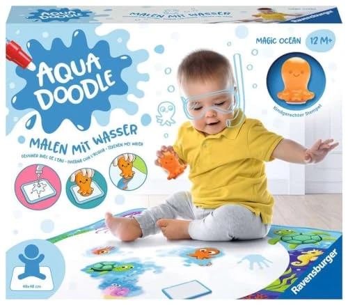 Ravensburger 4568 Aquadoodle Magic Ocean Taches et découverte avec de l'eau-Kit de tampons avec Tapis Magique en Tissu pour bébés à partir de 9 Mois, Simple, 04568, Transparent, 48 x 48 x 0.2 cm