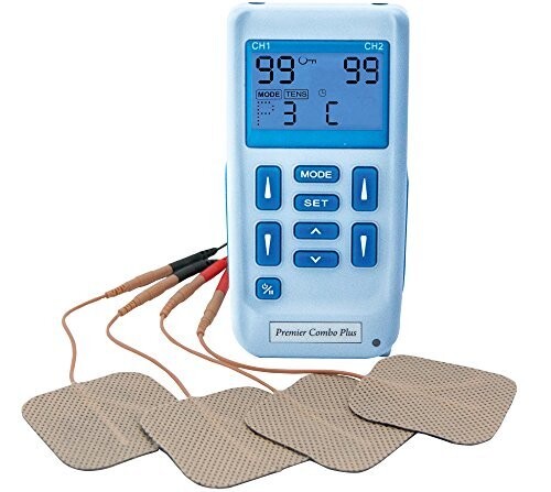 Machine Premier Plus Tens double canal avec 30 programmes de stimulation musculaire pour soulager la douleur et stimuler les muscles rechargeable et livrée avec 12 coussins autocollants