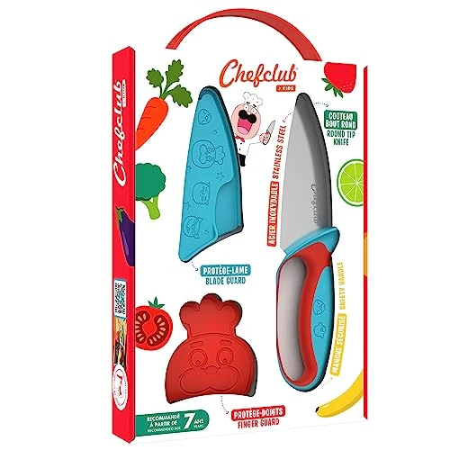 Chefclub Kids- Kit Couteau de Cuisine pour Enfants - Lame Acier Inoxydable - Protège-Doigts et Protège-Lame - Ustensile Sécurisé et Ergonomique - Bleu &amp; Rouge