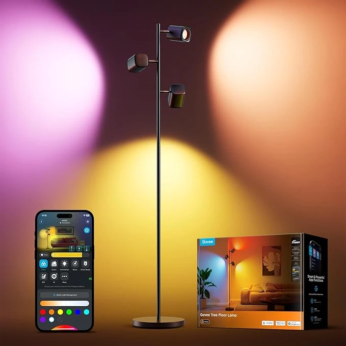 Govee Arbre Lampadaire sur Pied LED RGBWW, 3-Têtes Lampe d'Angle Réglable 1500lm, Compatible avec Matter Alexa, 64+ Scènes, Sync Musique, 157cm Noir Lampadaires pour Salon, Chambre, Salle de Lecture [Classe énergétique G]