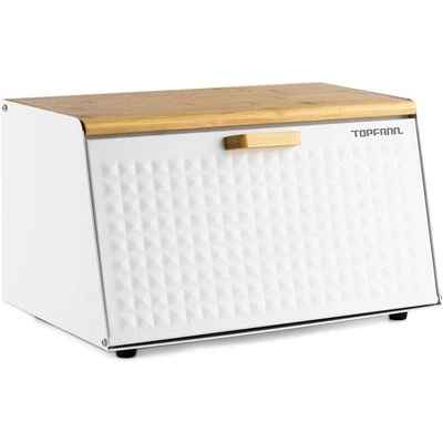 Grande Boîte à Pain Blanc en Acier avec couvercle en bambou pour Stockage à Pain