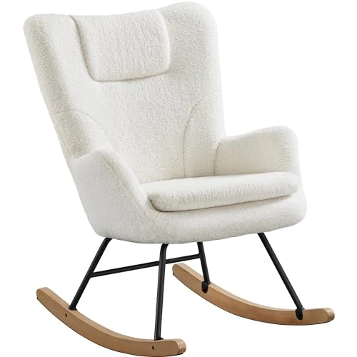 Yaheetech Fauteuil à Bascule Scandinave en Tissu Bouclé Rocking Chair à Haut Dossier Fauteuil Allaitement avec Pieds en Bois Massif Chaise d'appoint pour Salon Chambre Appartement Ivoire/1