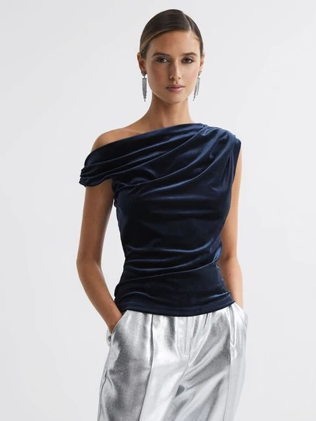 Reiss Navy Mia Velvet Off-The-Shoulder Top