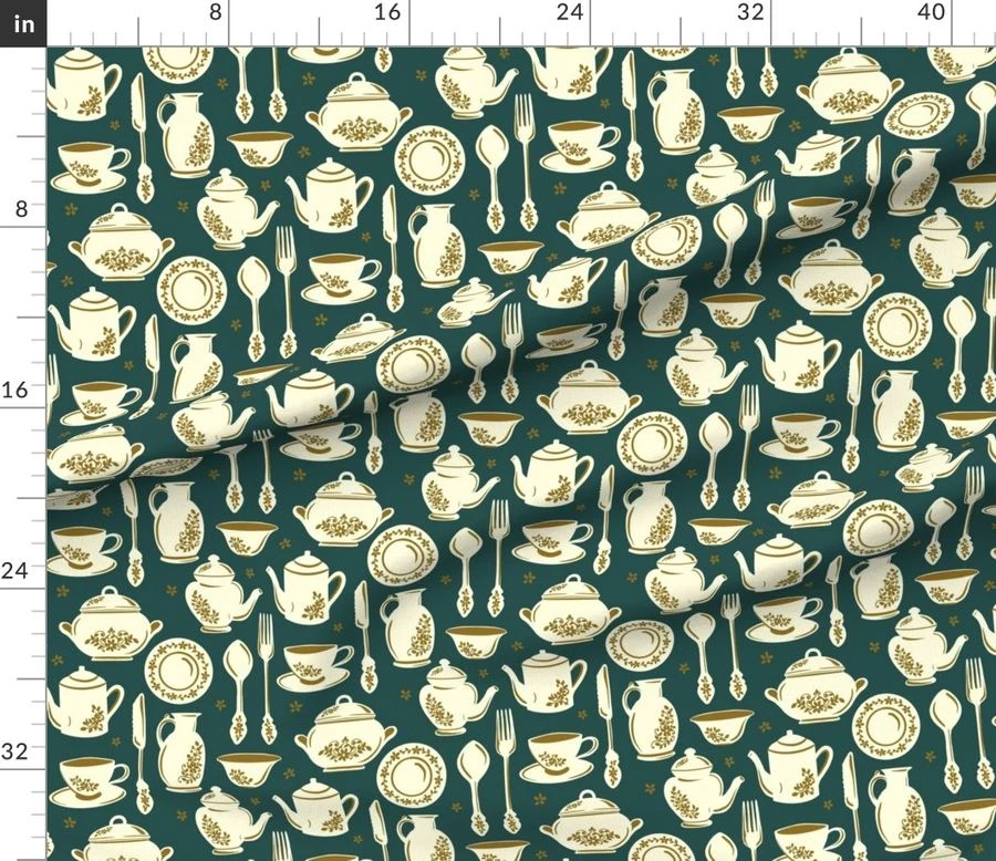 Fabric in Vintage Porcelain Charm-Dark Green-Medium