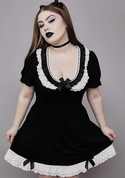 Plus Size Widow Lace Satin Bow Short Puff Sleeve Mini Dress