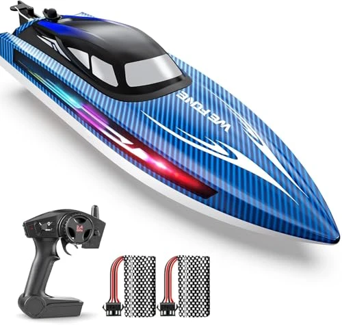 WeFone Bateau RC pour Enfants 8-12 Ans et Adultes, 24+ km/h, lumières LED, 2 Batteries 30-40 Min, Jouet d’été pour Piscine/lac, Cadeau garçon/Fille, Bateau télécommandé Rapide WF17 Bleu
