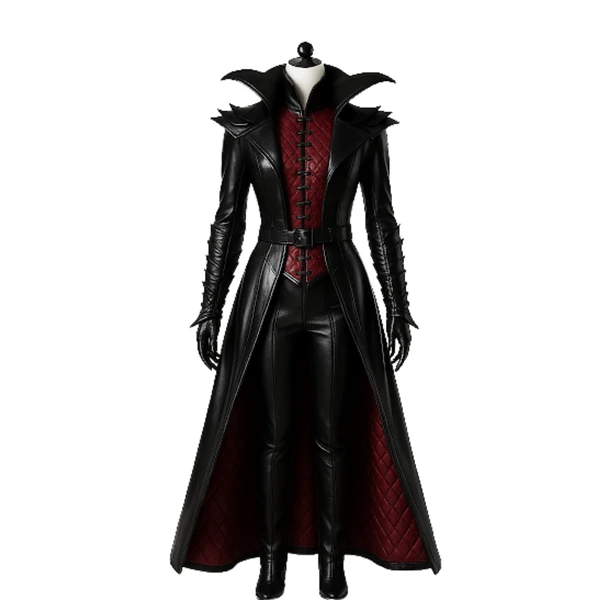 Vampire Queen Leather Coat Set - Gothic High Collar Trench Coat with Red Vest - Halloween Cosplay Costume - Dark Fantasy LARP Outfit