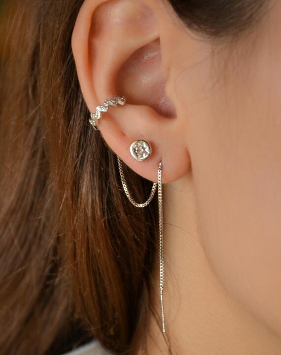 Mismatched Tiny Starburst Stud Thread Silver Earring North Star Stud Earring Compass Sterling Silver Chain Ear Cuff Christmas Gift for Her