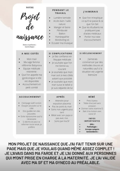 Mon projet de naissance donné à mon arriver à la maternité 