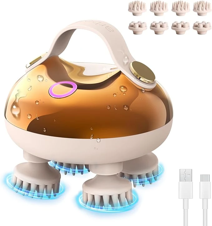 arboleaf masseur de tête électrique, masseur de cuir chevelu IPX7 imperméable à l’eau avec 8 têtes de massage et 3 modes de massage, masseur de tête pratique pour la relaxation (Golden)